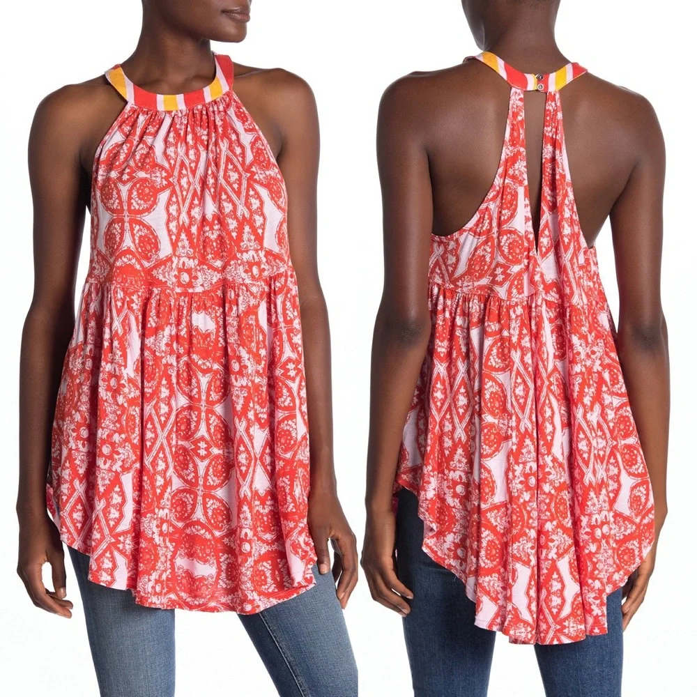 Free People Mimi Printed Halter Neck Tunic Top